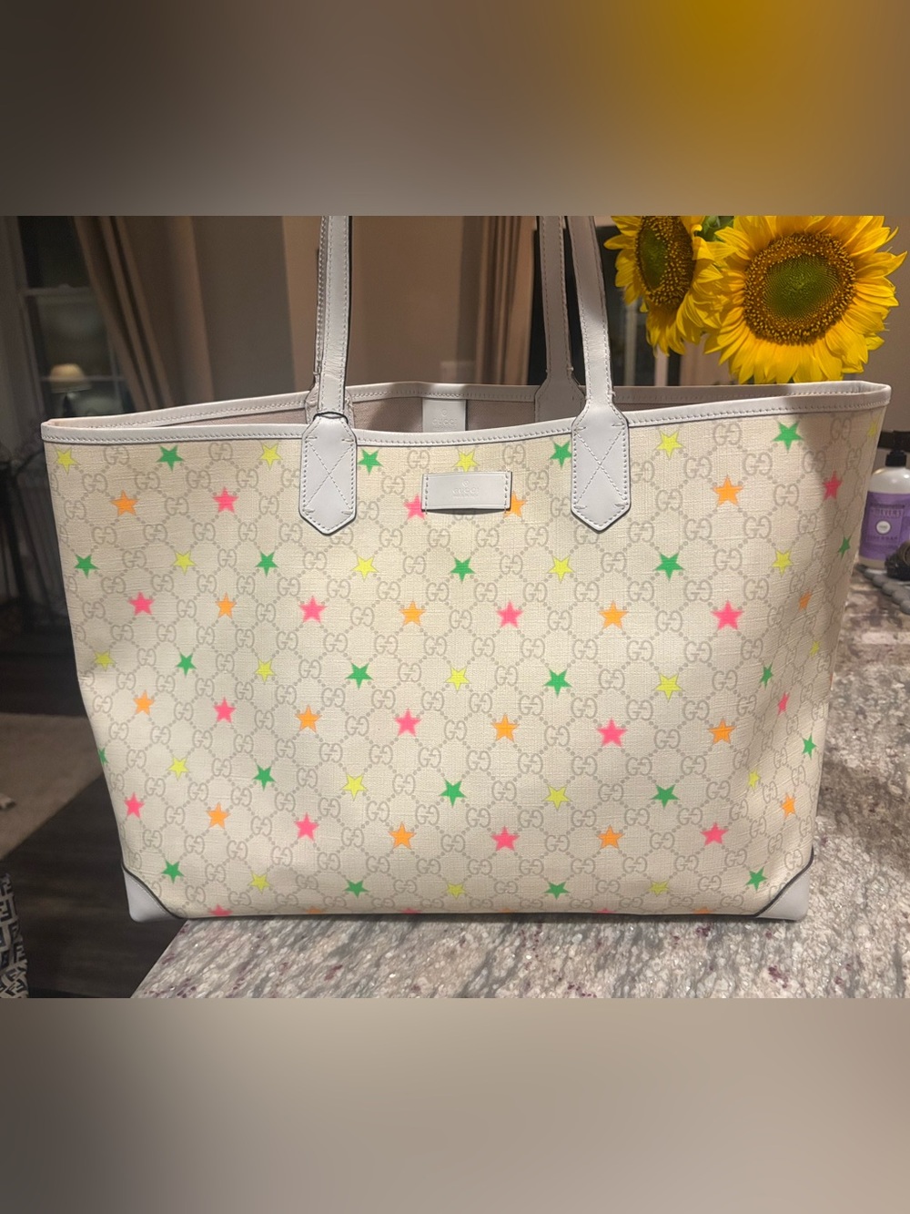 Gucci GG Supreme Multicolor Star Print Large Tote Bag with Removable Zip Pouch